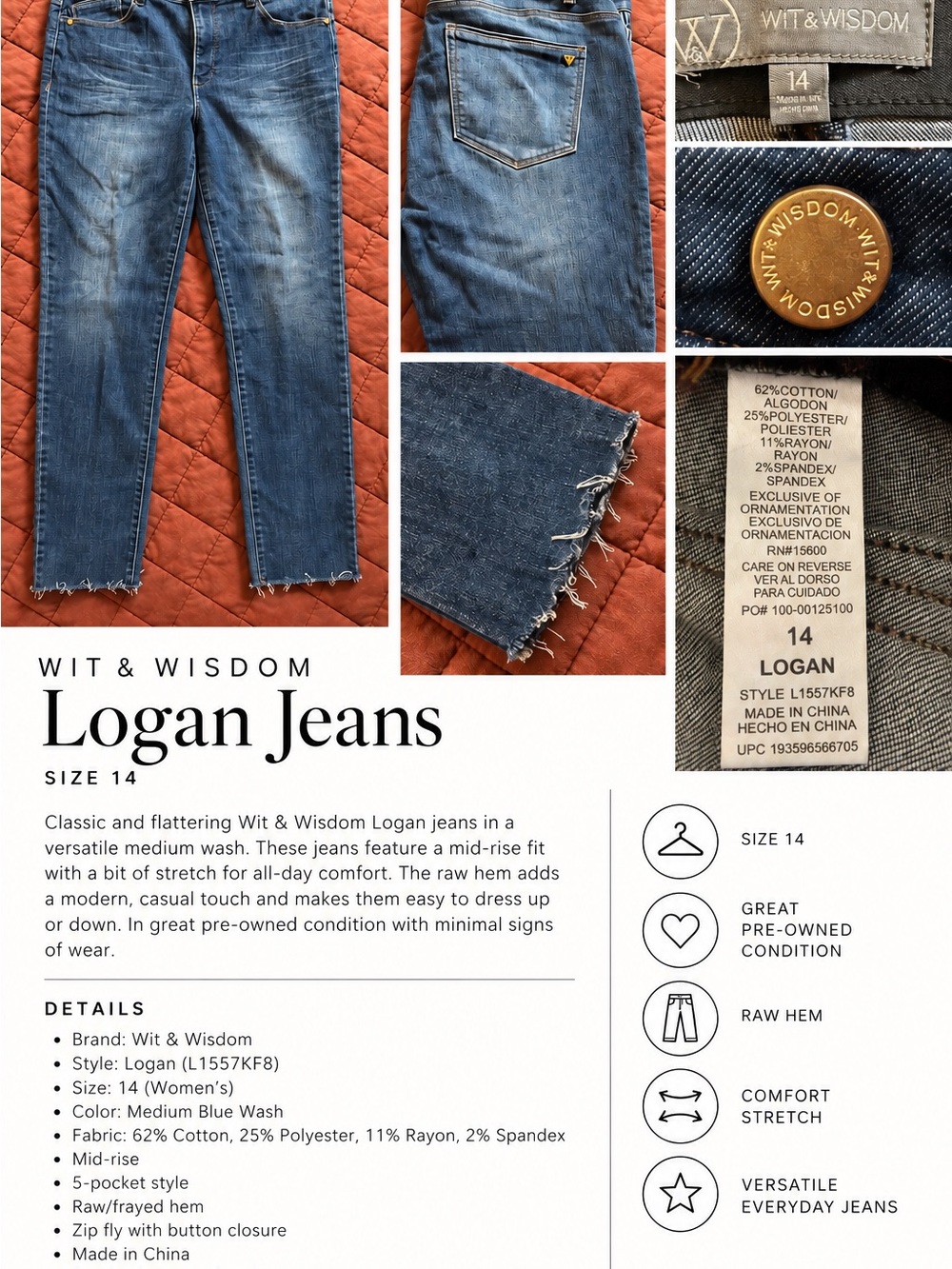 Wit & Wisdom Medium Blue Skinny Jeans - size 14